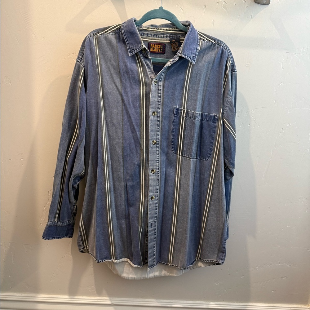 Vintage Faded Glory Blue Stripe Casual Button-Down Shirt